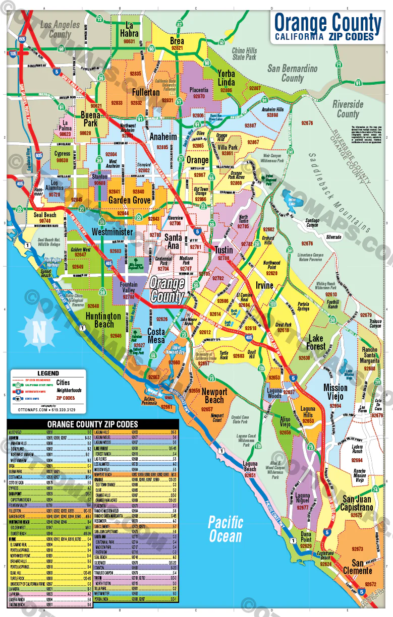 Orange County Zip Code Map - Cities colorized - FILES - PDF and AI Files, editable, vector, royalty free