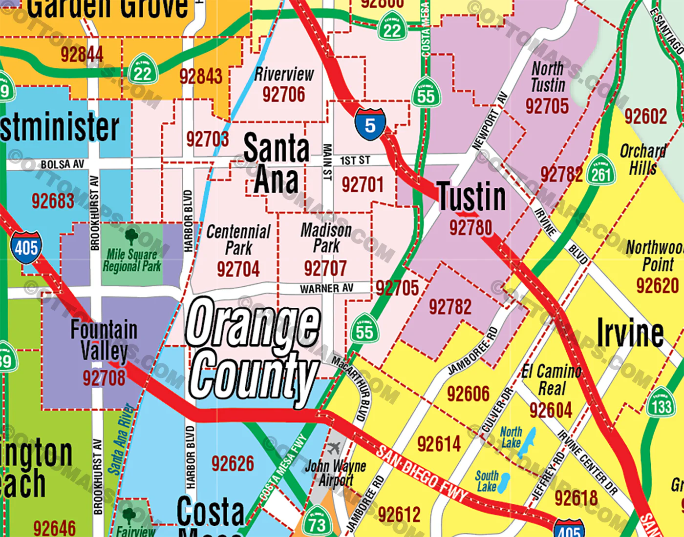 Orange County Zip Code Map - Cities colorized - FILES - PDF and AI Files, editable, vector, royalty free - Image 2