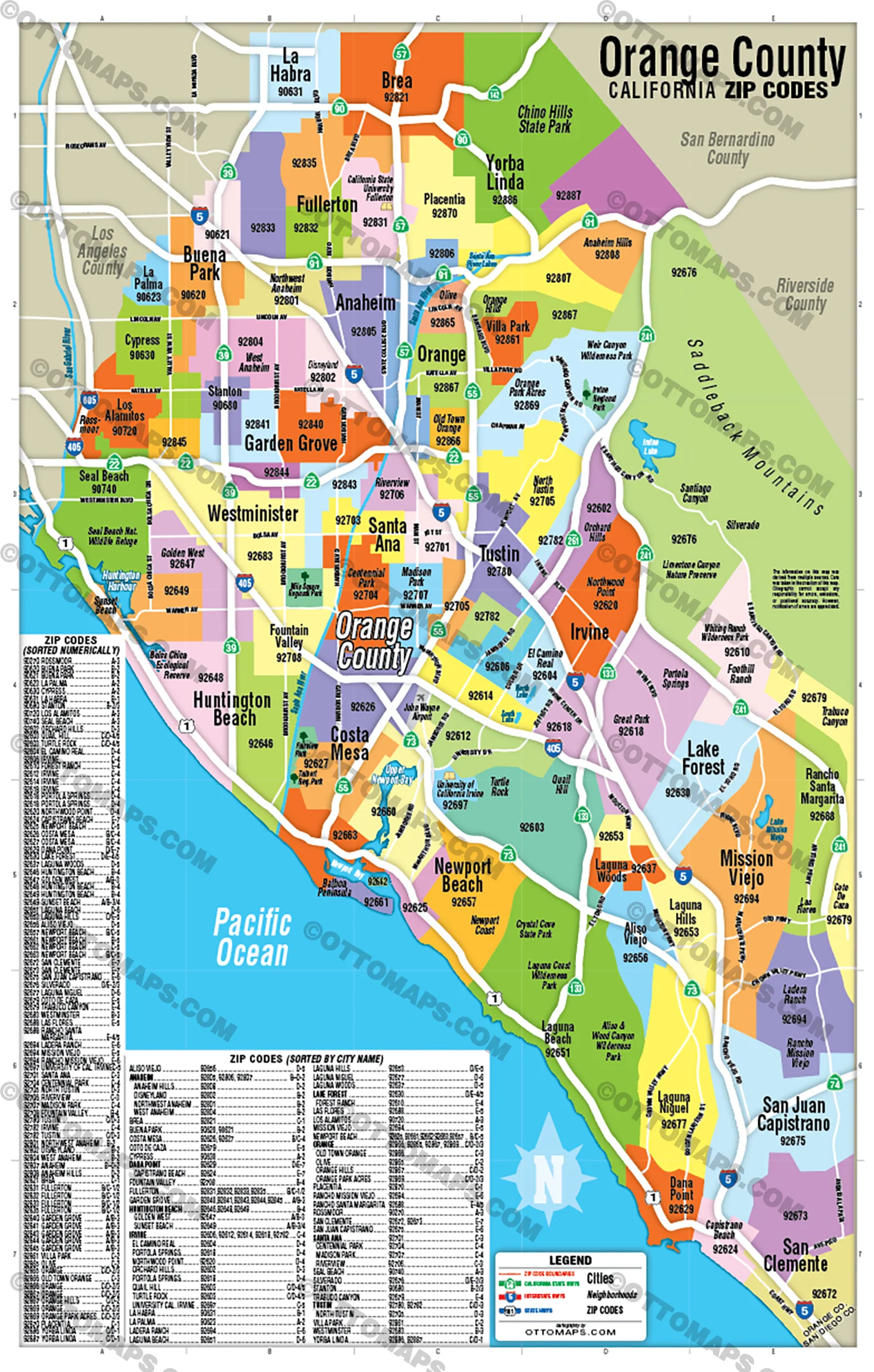 Orange County Zip Code Map - Zip Codes Colorized - FILES - PDF and AI Files, editable, vector, royalty free