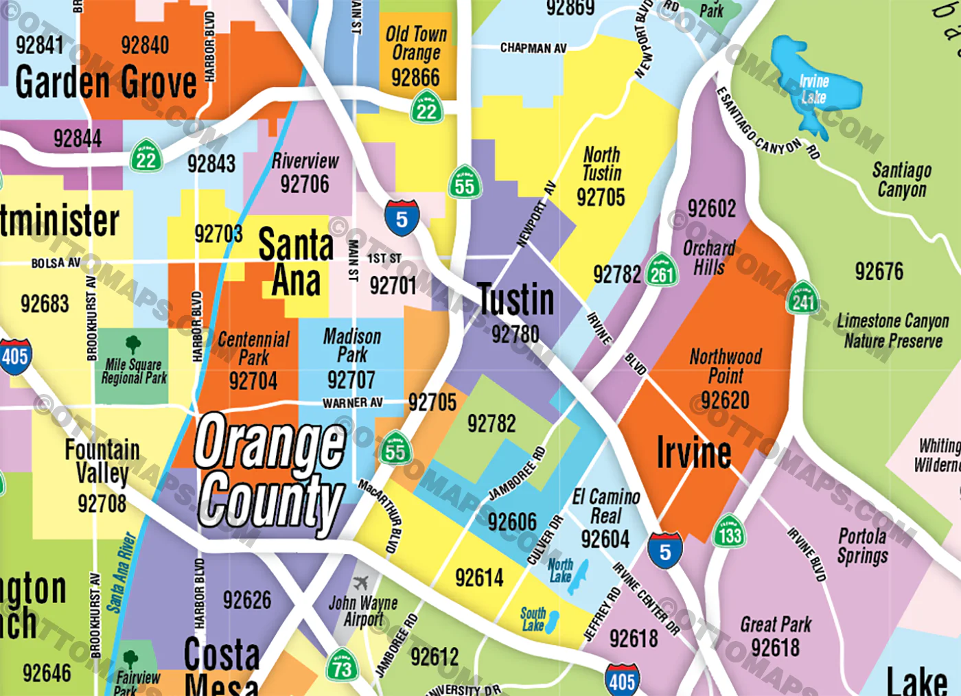 Orange County Zip Code Map - Zip Codes Colorized - FILES - PDF and AI Files, editable, vector, royalty free - Image 2