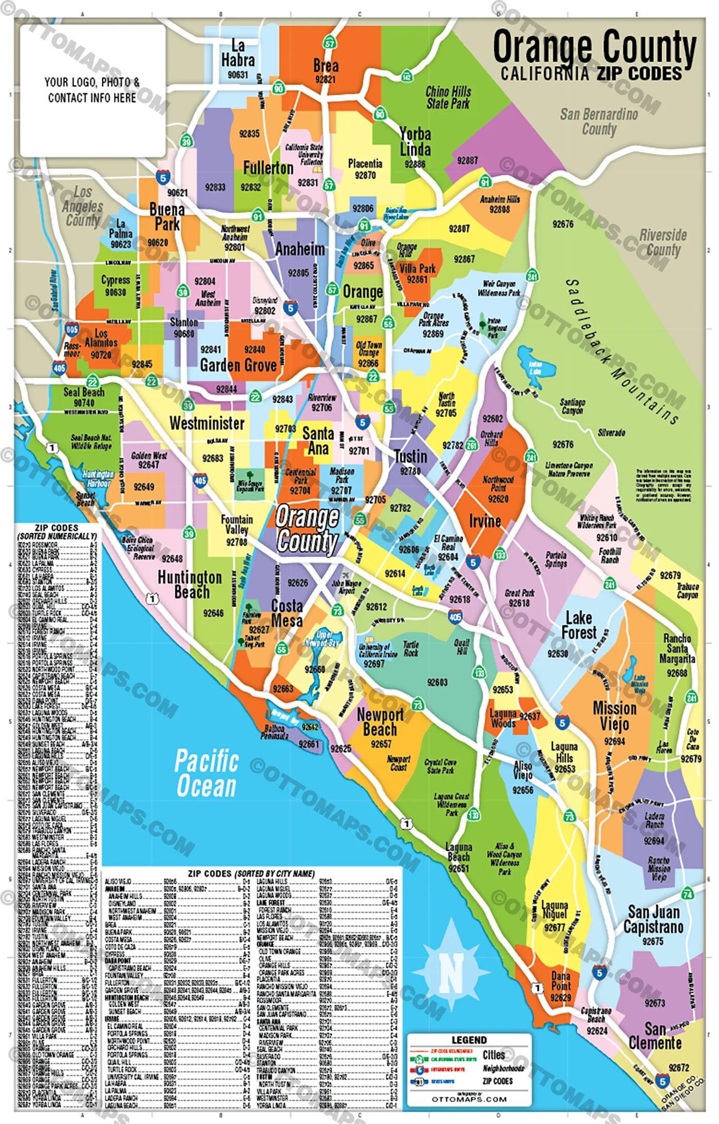 Orange County Zip Code Map - Zip Codes Colorized - FILES - PDF and AI Files, editable, vector, royalty free - Image 3