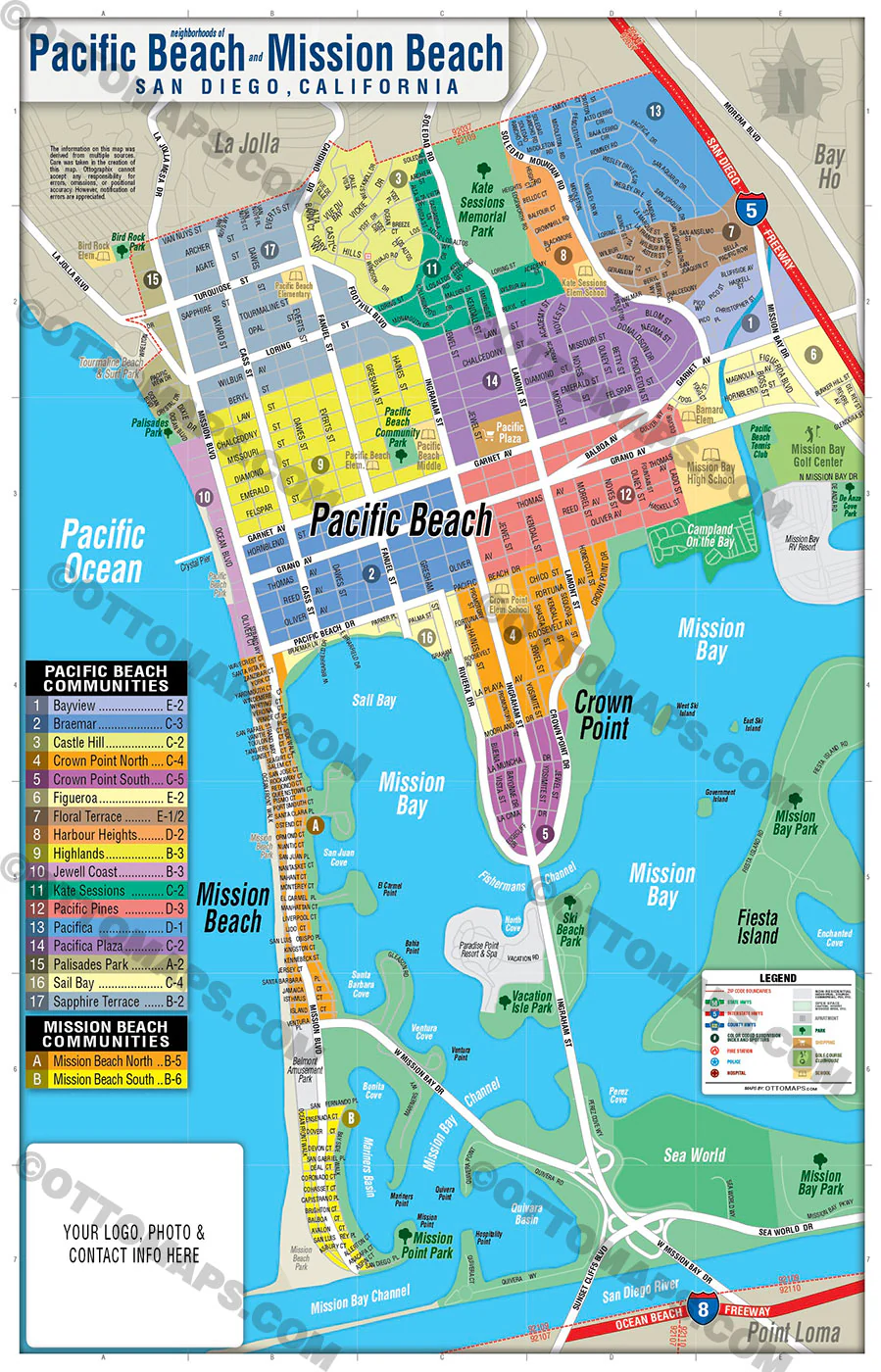 Pacific Beach, Mission Beach, Mission Bay Map, San Diego County, CA - FILES - PDF and AI, editable, vector, royalty free