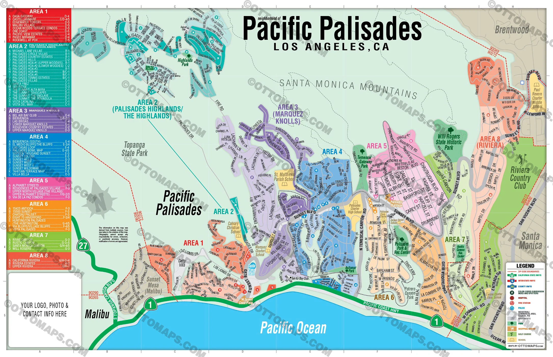 Pacific Palisades Map, Los Angeles, CA - FILES - PDF and AI, editable, vector, royalty free