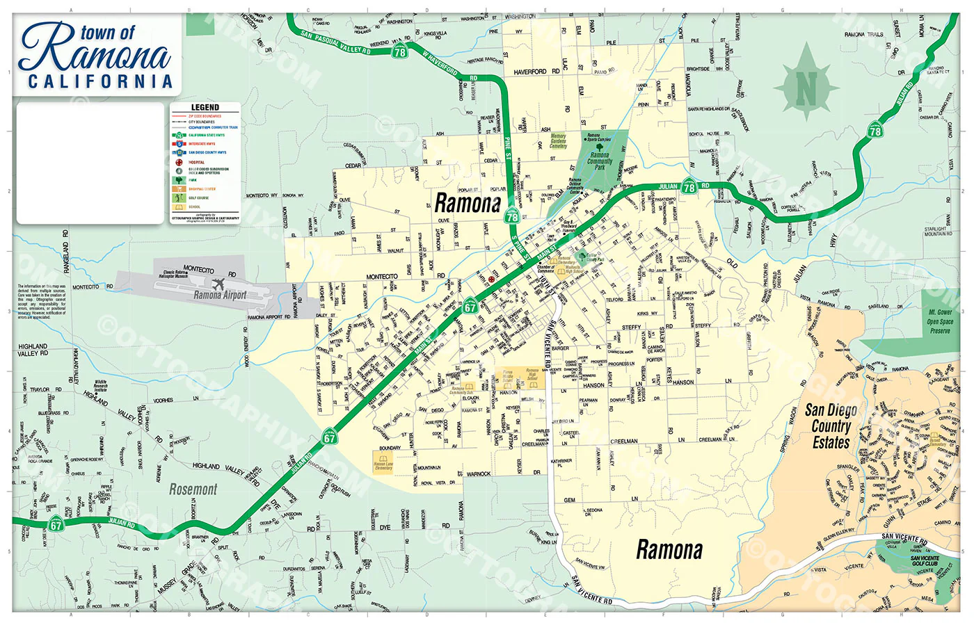Ramona Street Map, San Diego County, CA - FILES - PDF and AI, editable, vector, royalty free