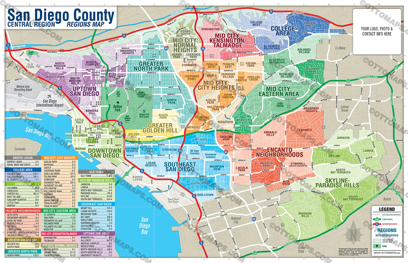 San Diego Central Region Map - Regions and Neighborhoods - FILES - PDF and AI, editable, vector, royalty free