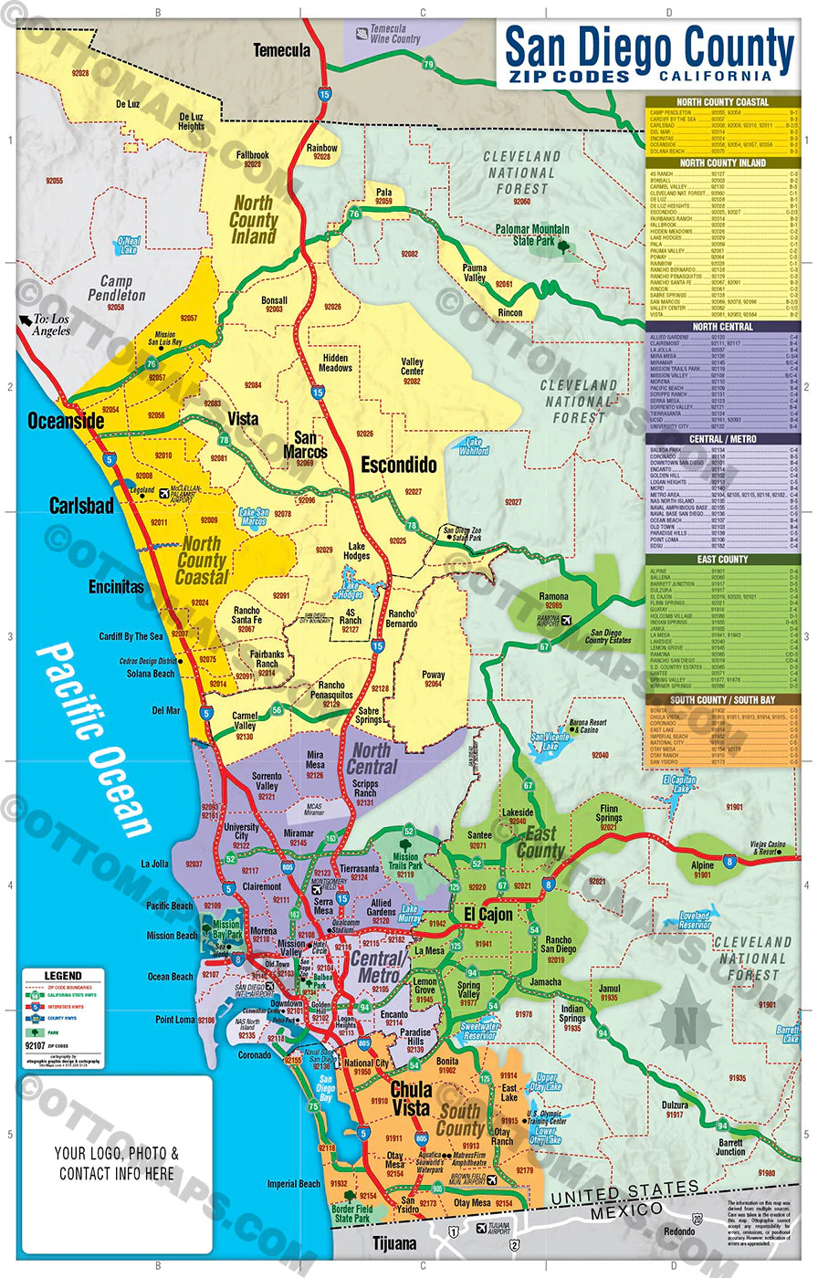 San Diego County Zip Code Map - COASTAL (Regions colorized) - FILES - PDF and AI - Image 2