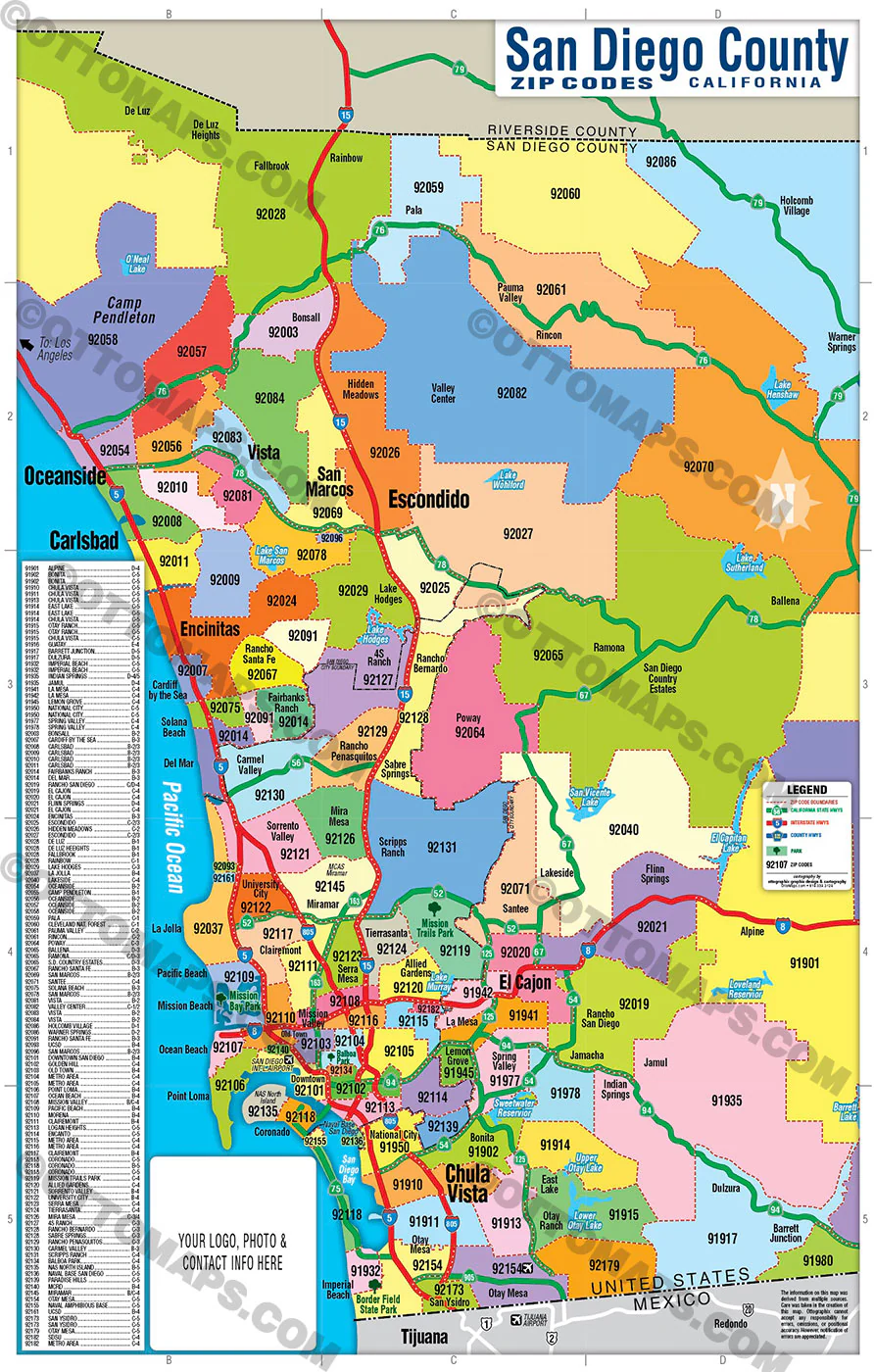 San Diego County Zip Code Map - COASTAL (Zips colorized) - FILES - PDF and AI, editable, layered, vector, royalty free - Image 2