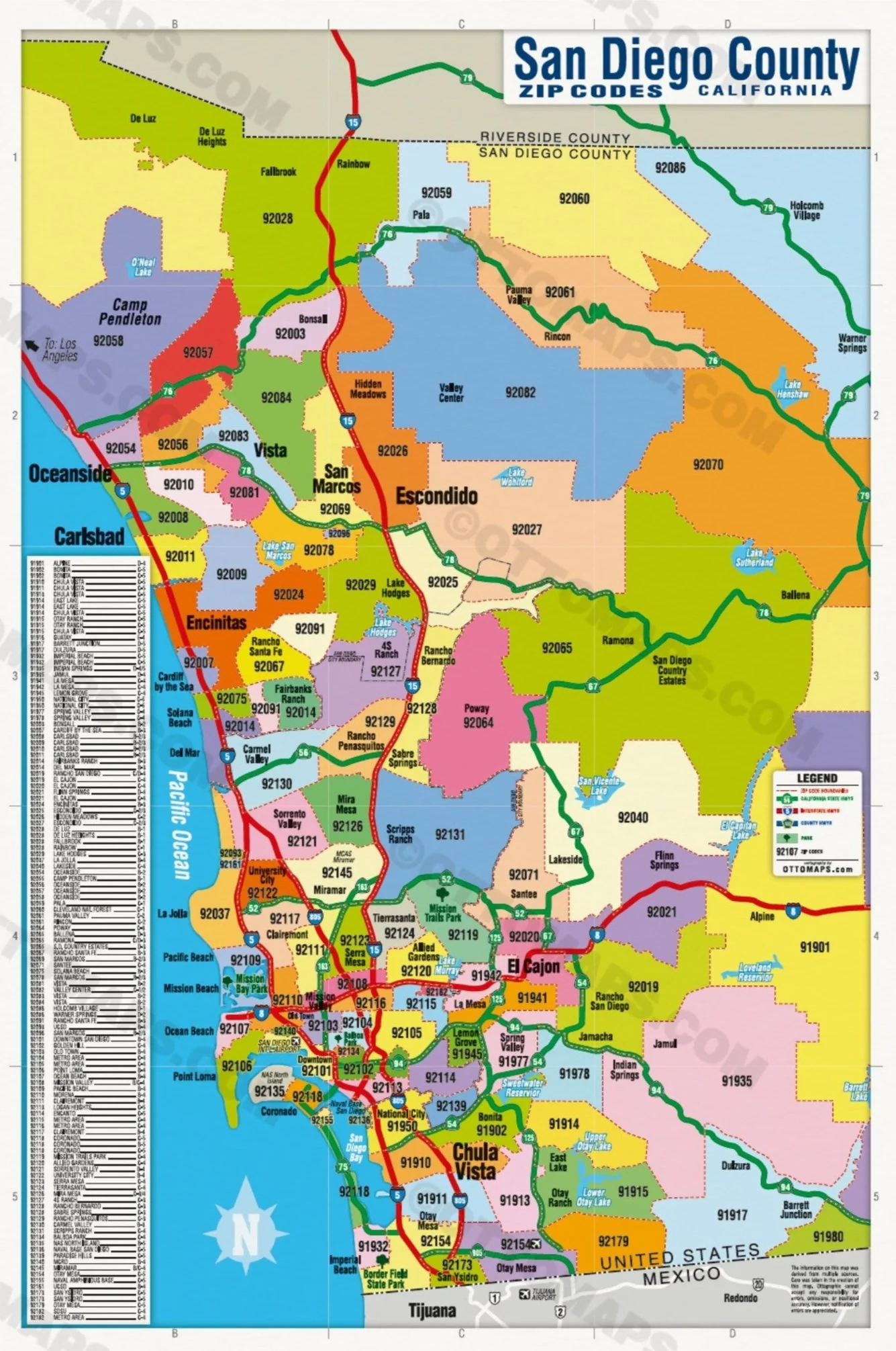 San Diego County Zip Code Map - COASTAL (Zips Colorized) - POSTER PRINTS - Image 3