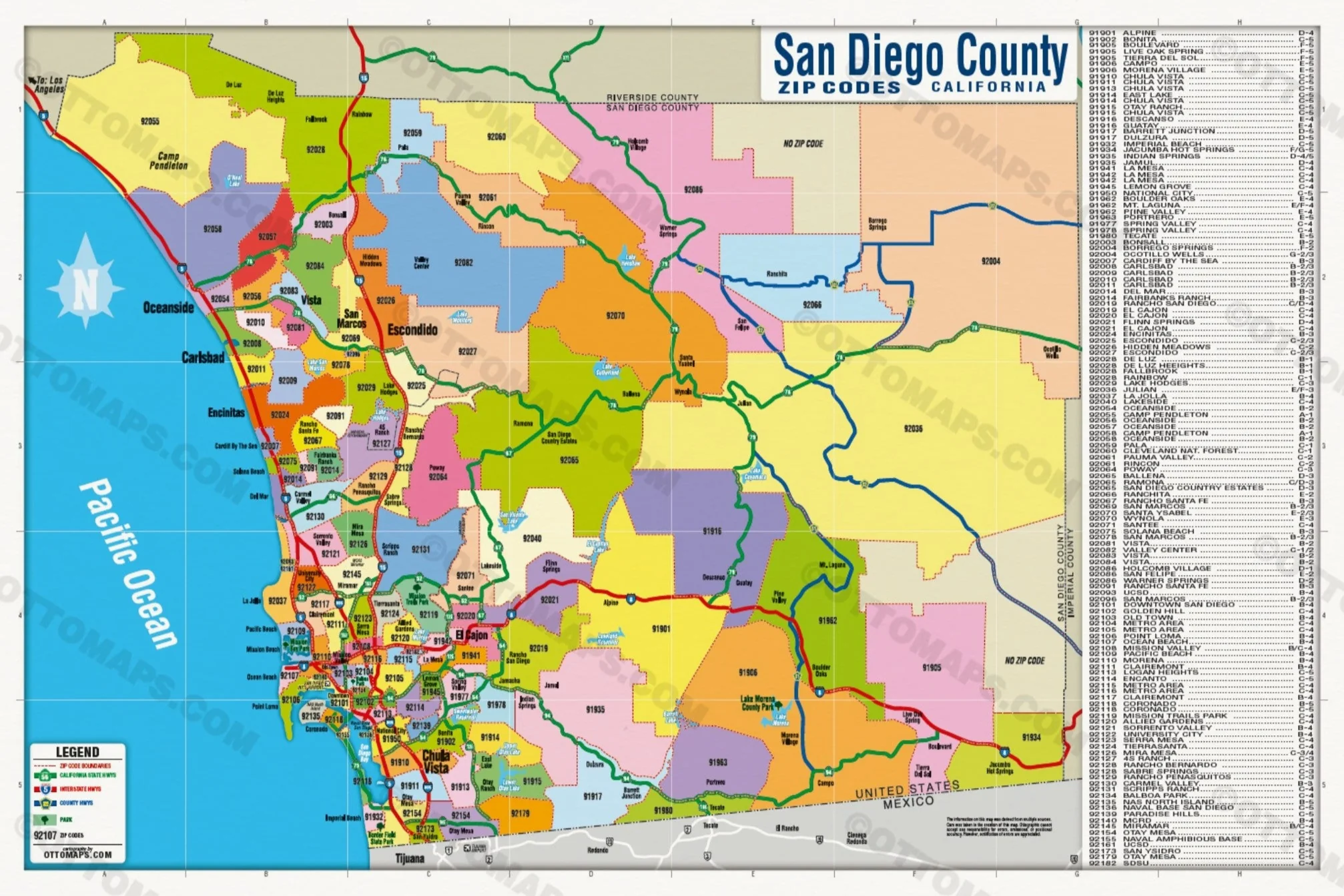 San Diego County Zip Code Map (Zips colorized) - POSTER PRINTS - Image 3