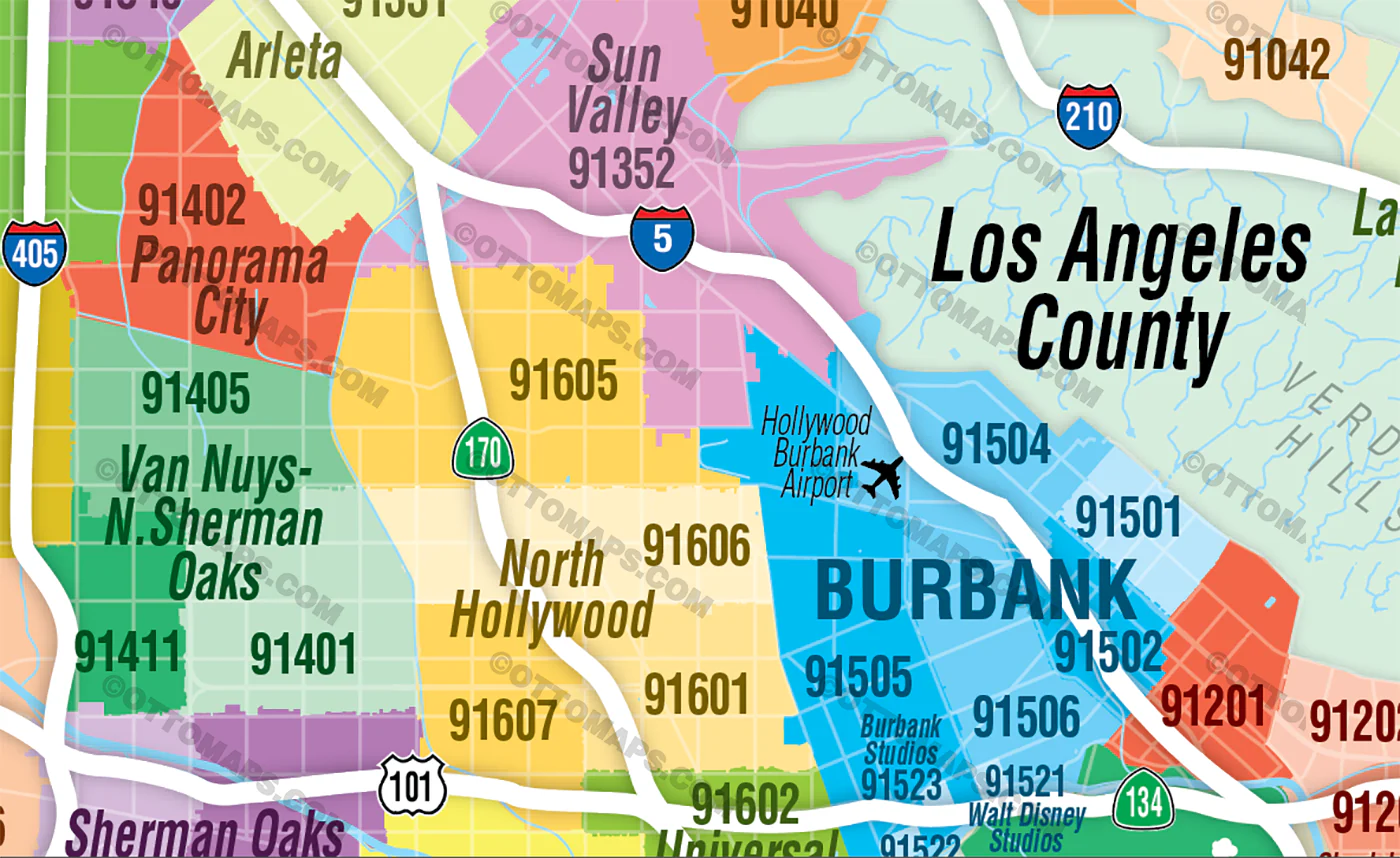 San Fernando Valley Zip Code Map with Thousand Oaks - FILES - PDF and AI Files, editable, vector, royalty free - Image 2