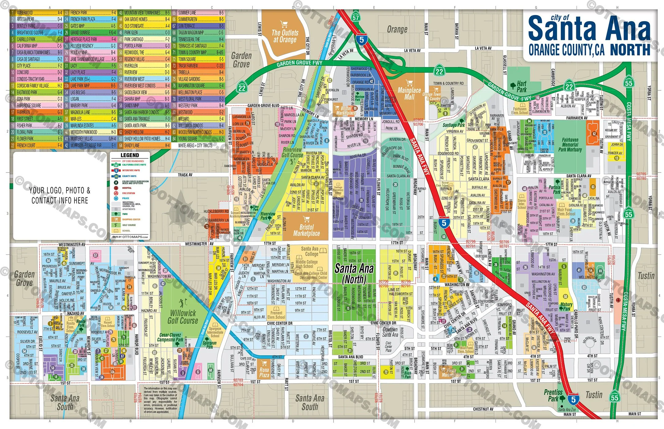 Santa Ana Map NORTH, Orange County, CA - FILES - PDF and AI, editable, vector, royalty free