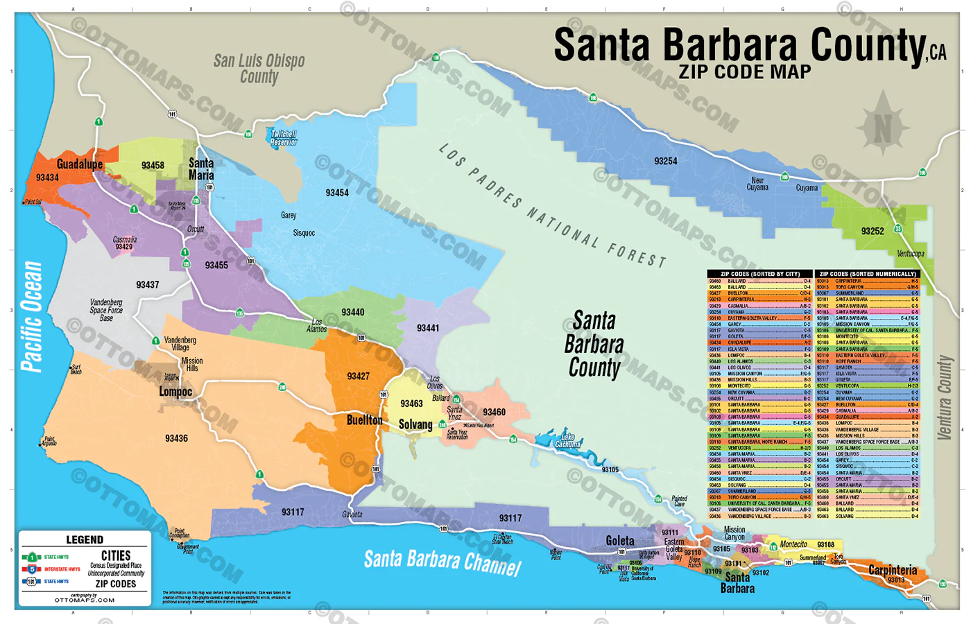 Santa Barbara County Zip Code Map, CA - FILES - PDF and AI Files, editable, vector, royalty free