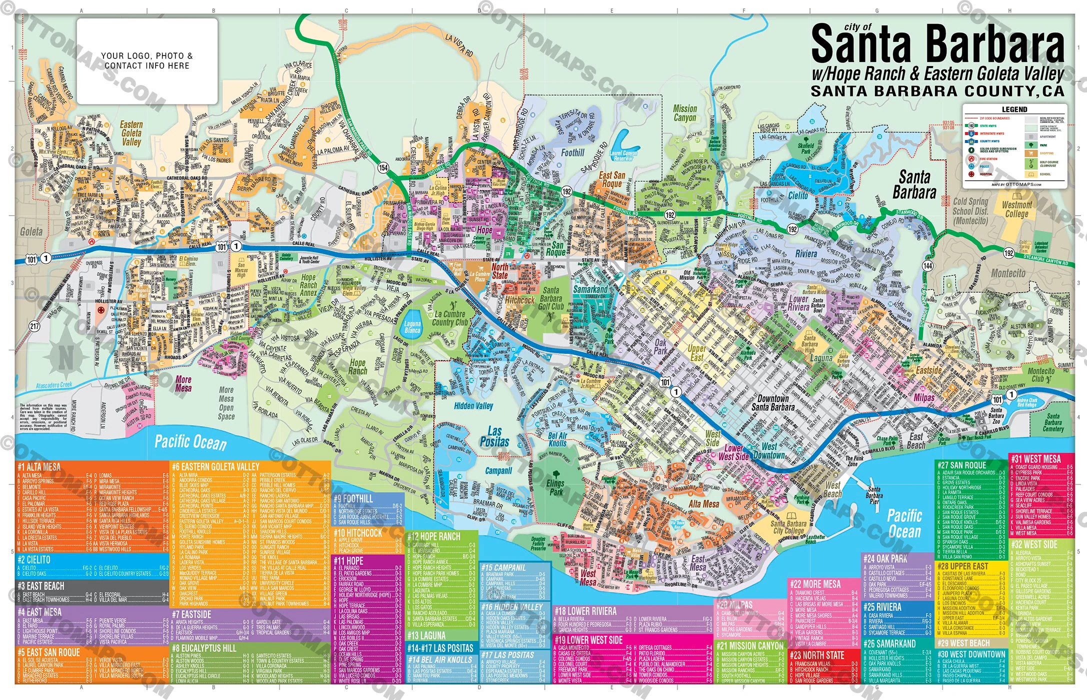 Santa Barbara Map with Subdivisions and Neighborhoods - FILES - PDF and AI, editable, vector, royalty free