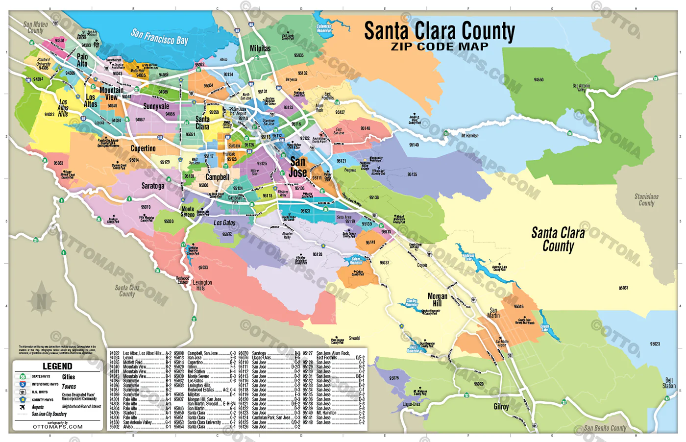 Santa Clara County Zip Code Map - FILES - PDF and AI, editable, vector, royalty free