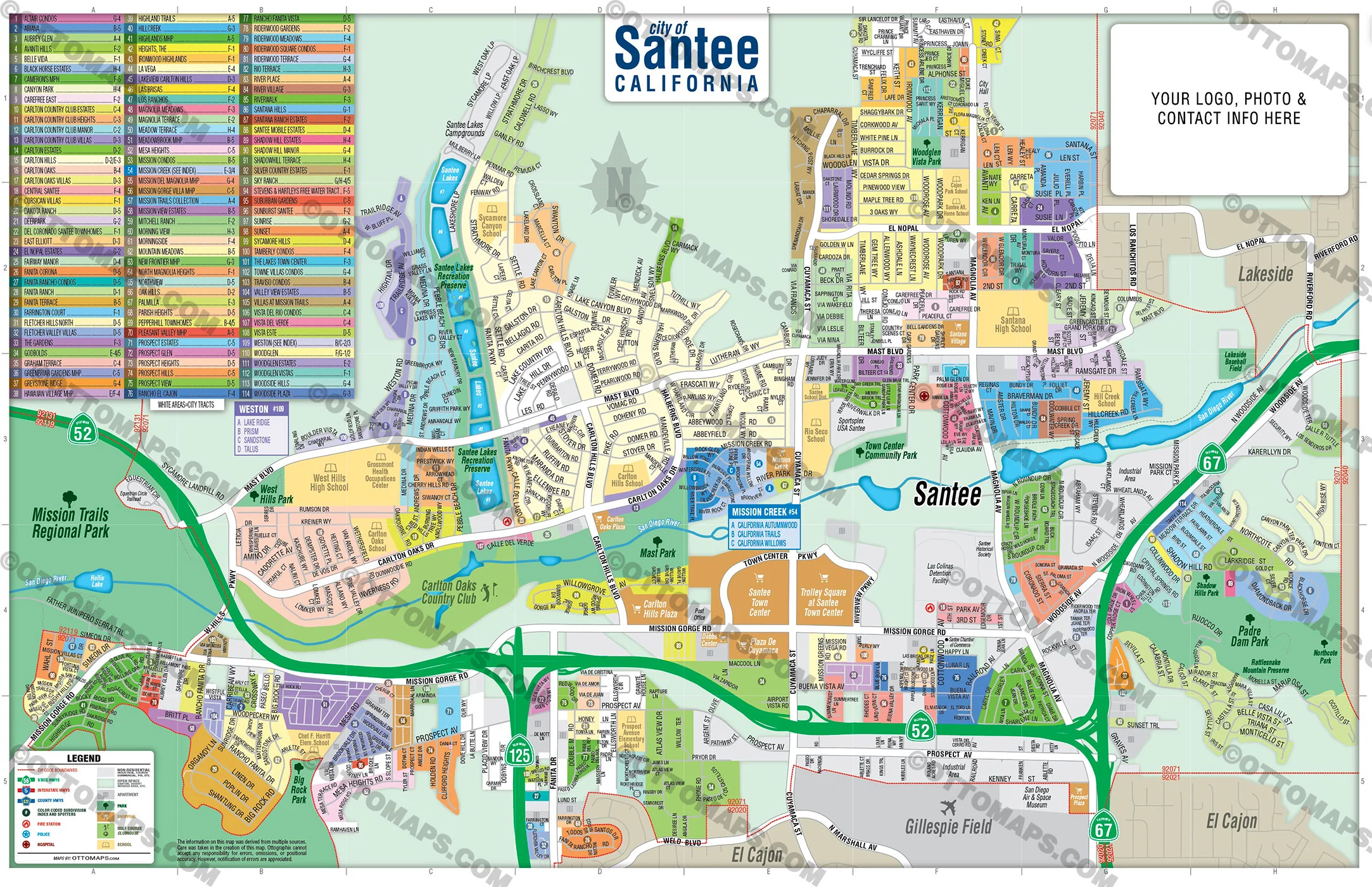 Santee Map, San Diego County, CA - FILES - PDF and AI, editable, vector, royalty free