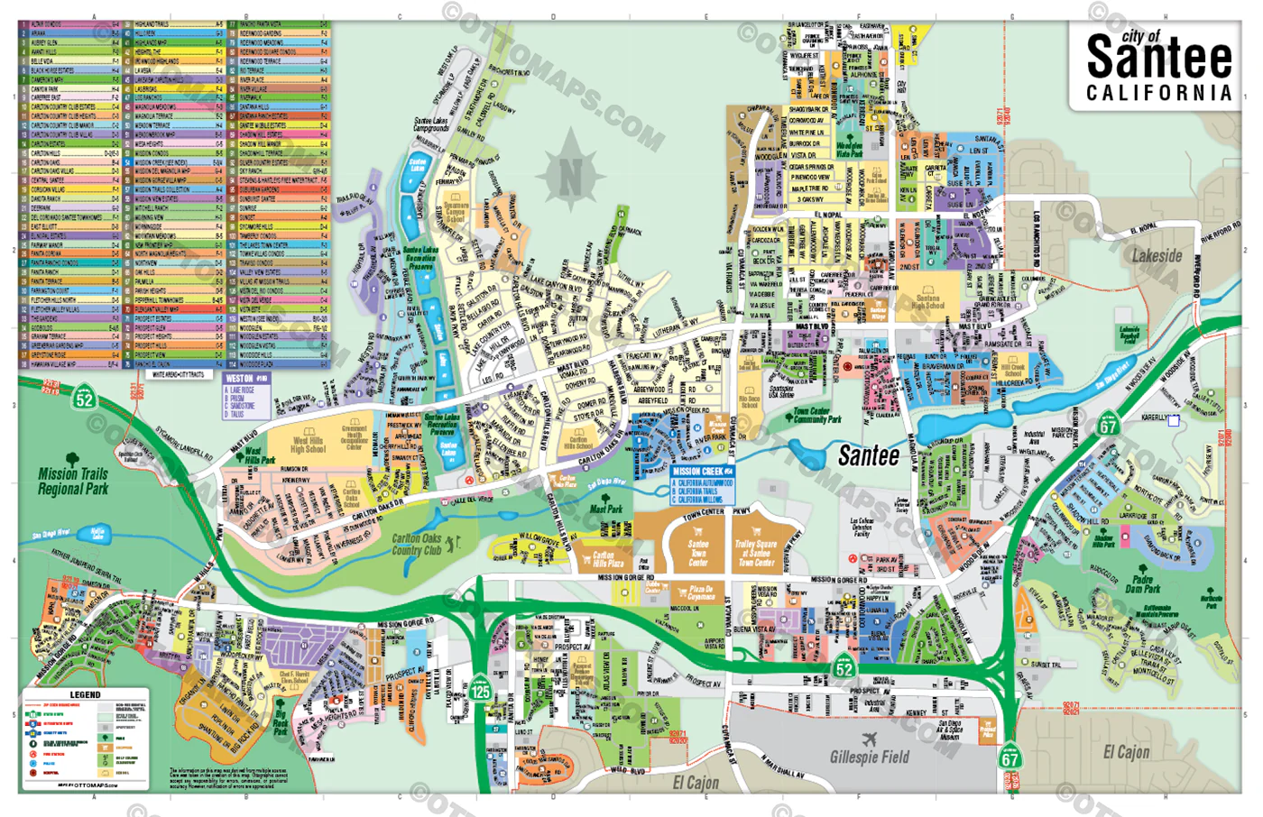 Santee Map, San Diego County, CA - POSTER PRINTS - Image 3