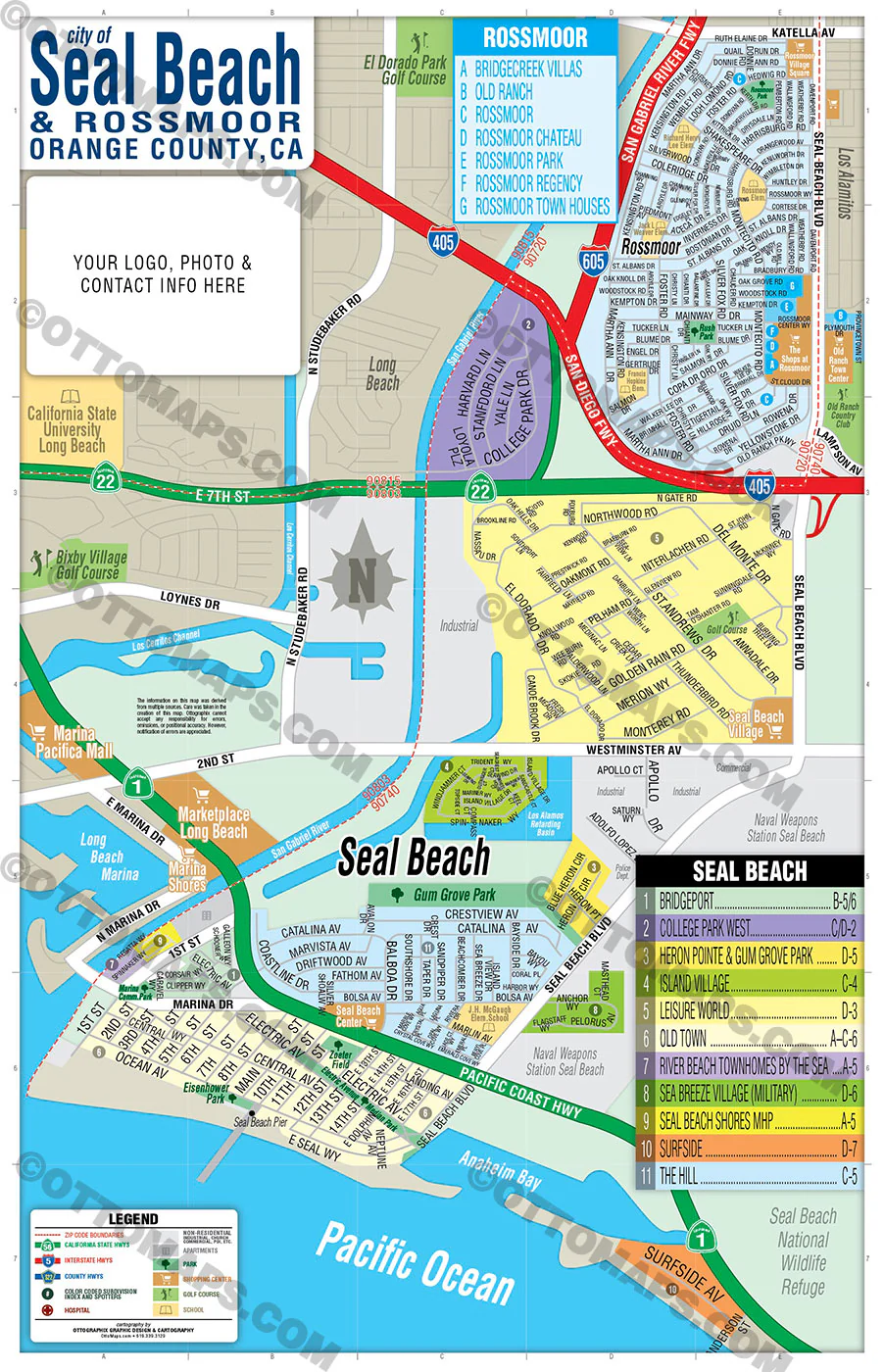 Seal Beach Map with Rossmoor Map, Orange County, CA - FILES - PDF and AI, editable, vector, royalty free
