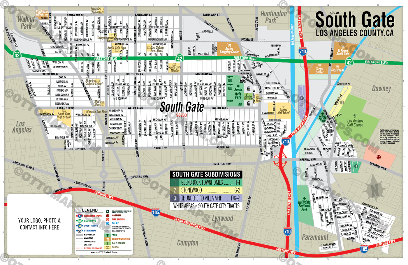 South Gate Map, Los Angeles County, CA - FILES - PDF and AI, editable, vector, royalty free