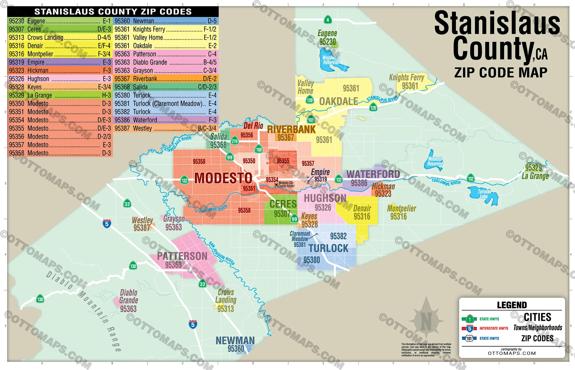 Stanislaus County Zip Code Map - California - FILES - PDF and AI, editable, vector, royalty free - Image 3