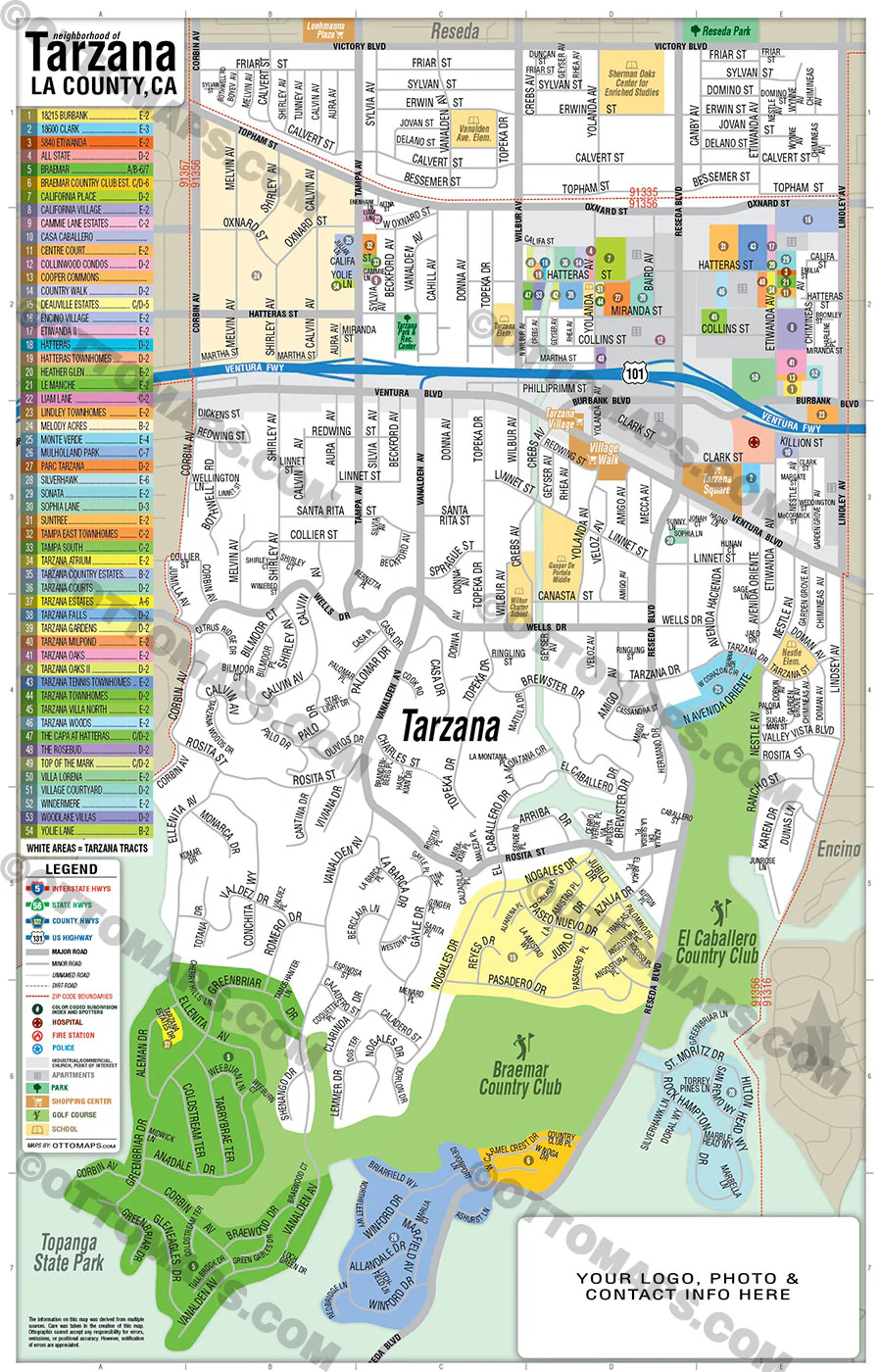Tarzana Map, Los Angeles County, CA - FILES - PDF and AI, editable, vector, royalty free