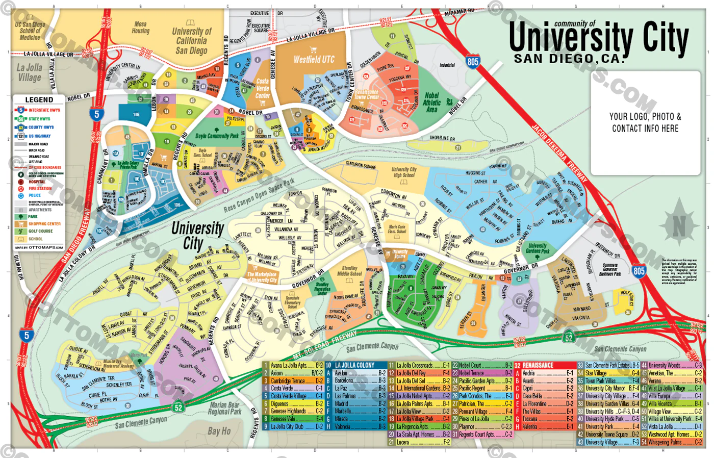 University City Map, San Diego County, CA - FILES - PDF and AI, editable, vector, royalty free