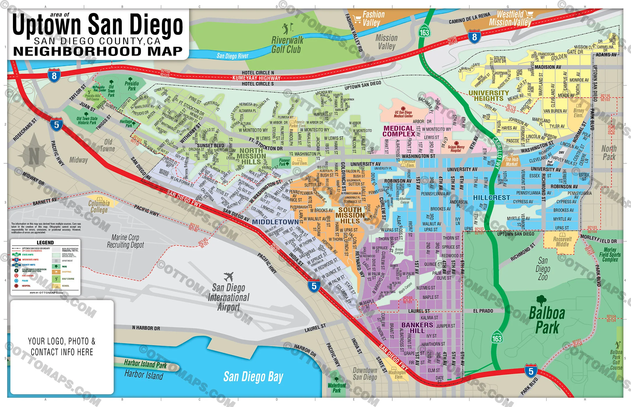 Uptown San Diego Neighborhood Map - FILES - PDF and AI, editable, vector, royalty free