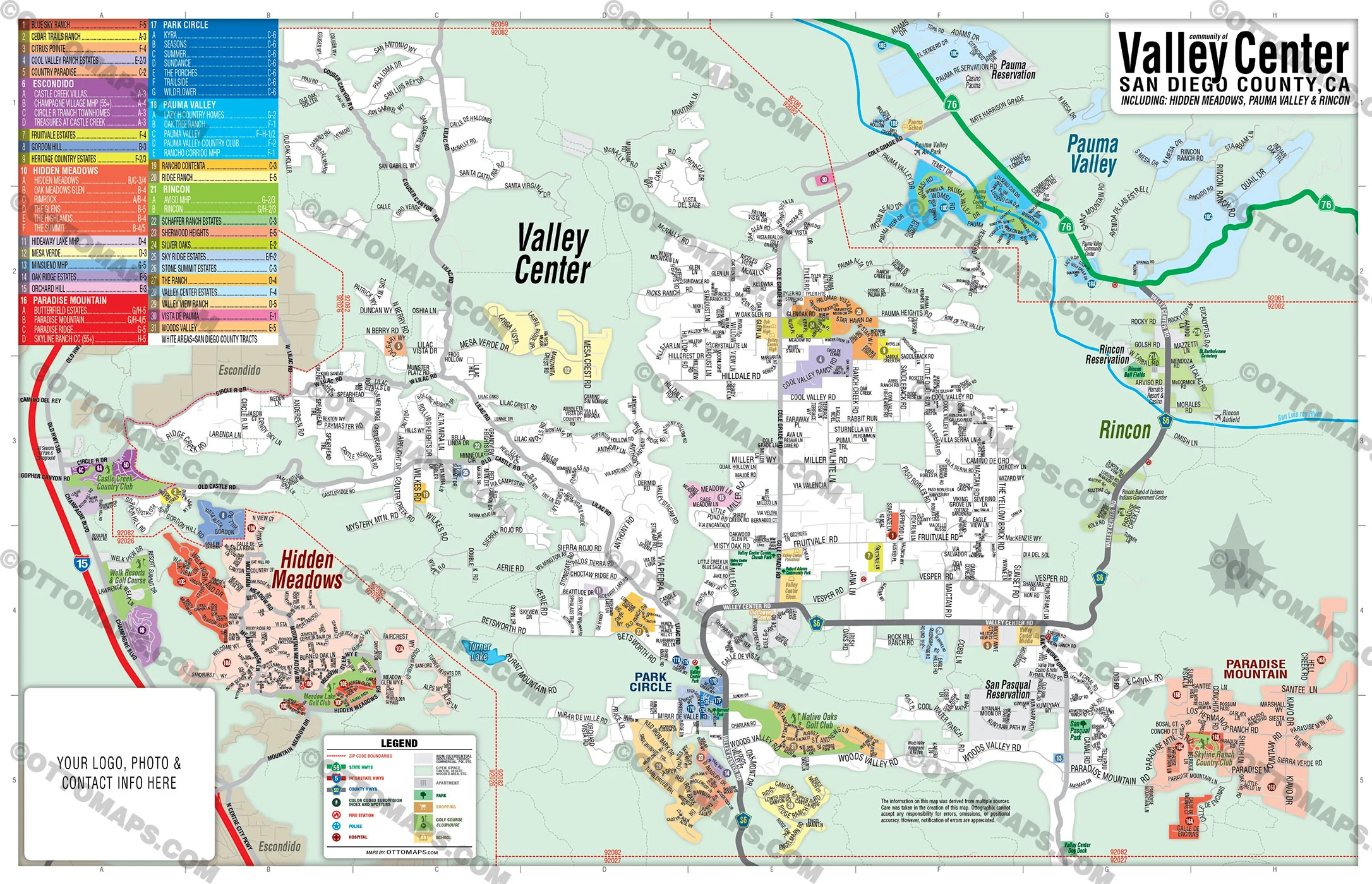 Valley Center Map with Hidden Meadows, Rincon and Pauma Valley, San Diego County, CA - FILES - PDF and AI, editable, vector, royalty free