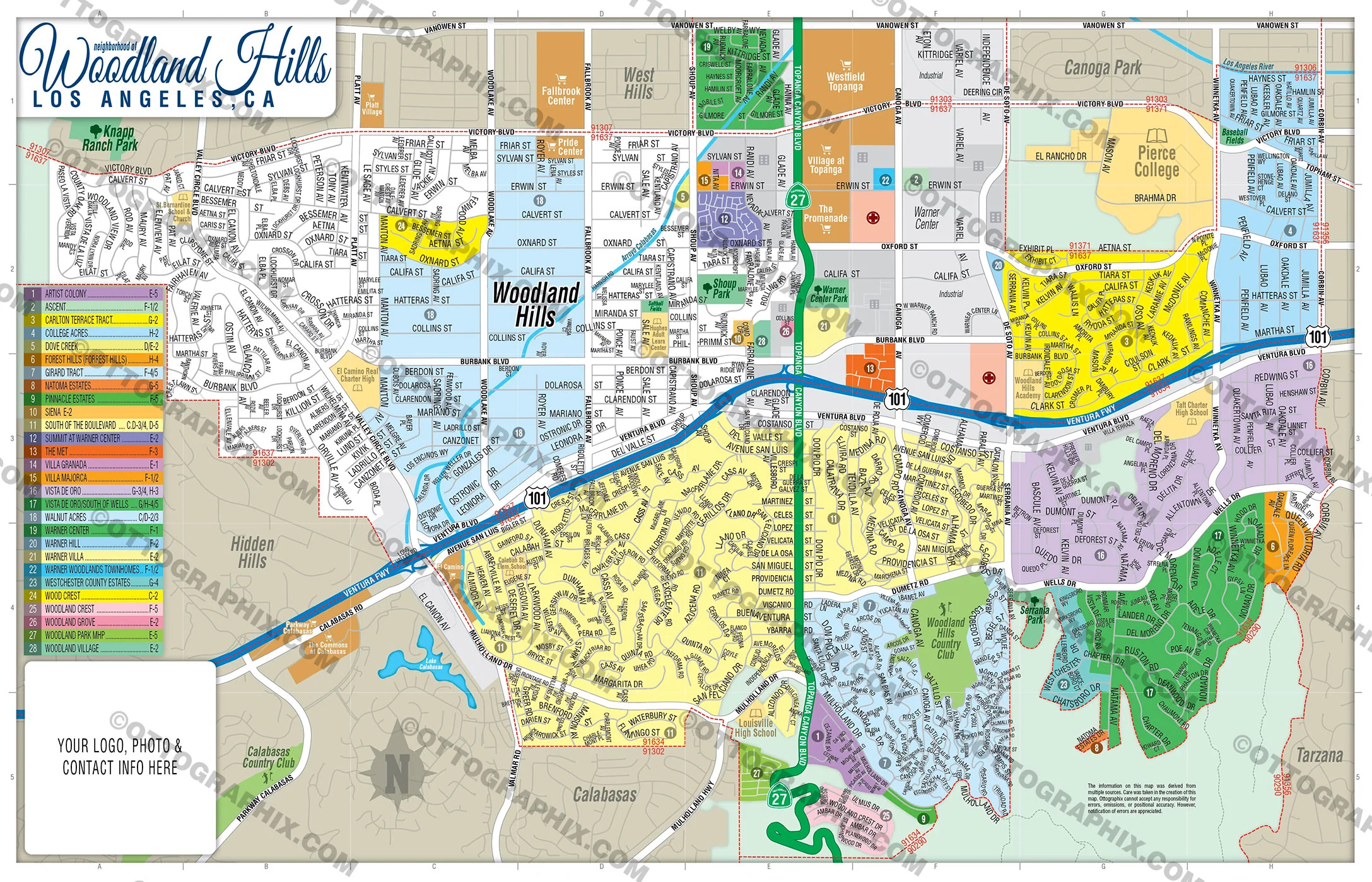 Woodland Hills Map, Los Angeles County, CA - FILES - PDF and AI, editable, vector, royalty free