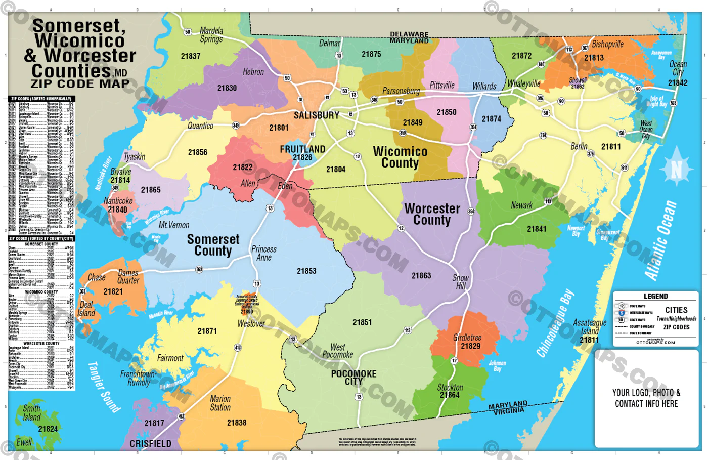 Worcester, Somerset, Wicomico Counties Zip Code Map - FILES - PDF and AI, editable, vector, royalty free - Image 3
