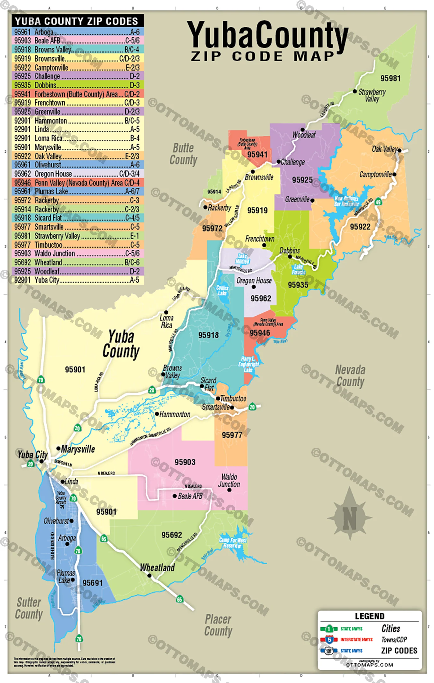 Yuba County Zip Code Map - FILES - PDF and AI, editable, vector, royalty free
